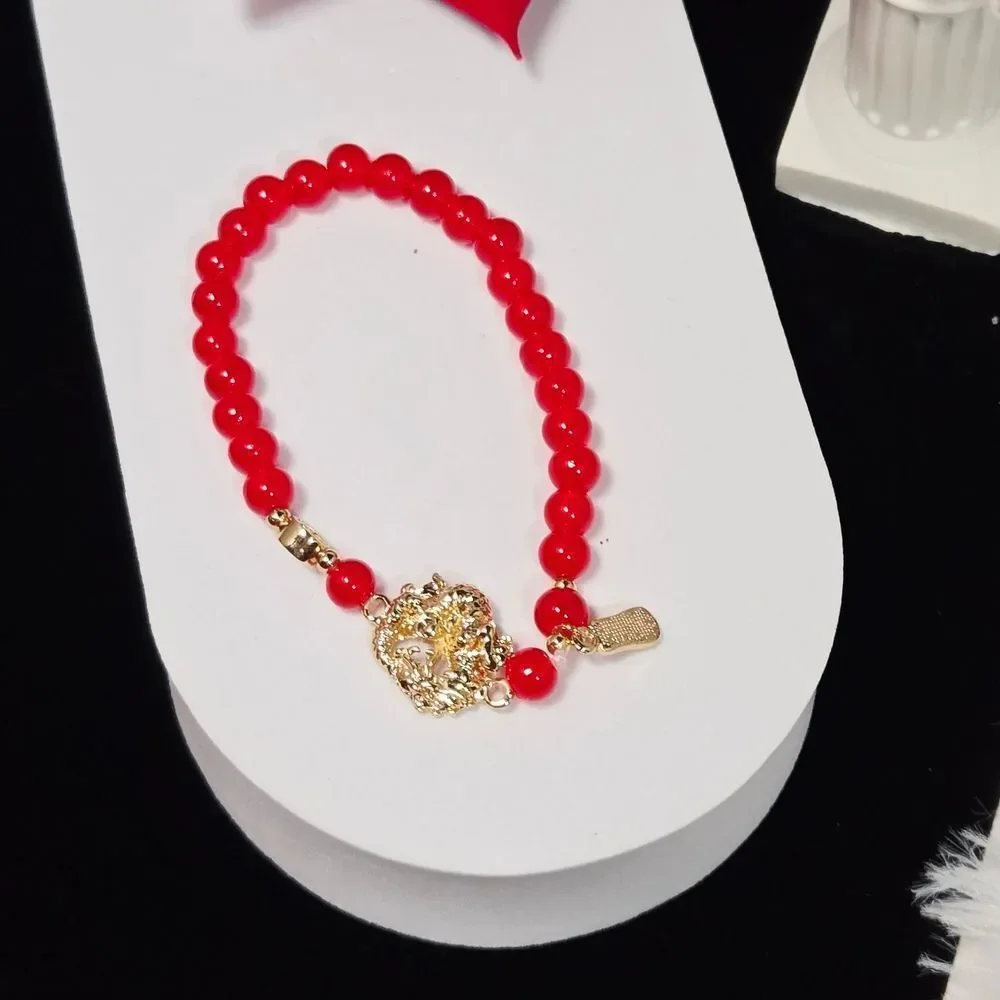Red Glass Beaded Pixiu Dragon Bracelet – Feng Shui Wealth Charm Medallion Gift